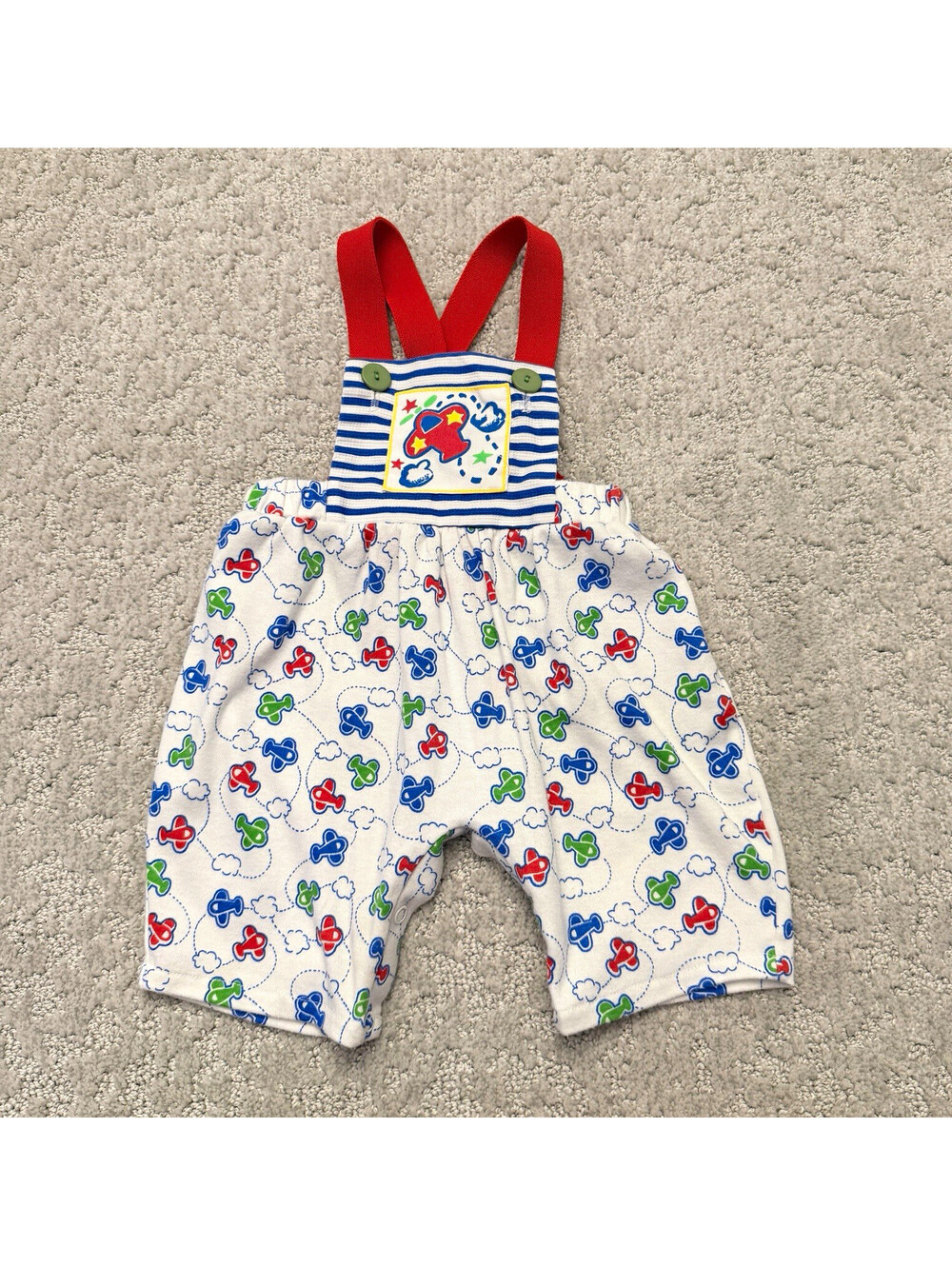 Baby Shortall One-Piece Romper 6-9 Months Airplane Print Button White Multi